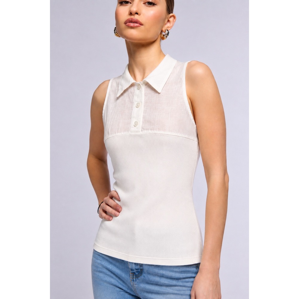 Escada Margaretha Ley Vintage Mixed Media Sleeveless Polo Top White Size 4